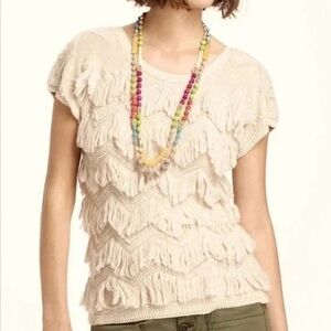 ANTHROPOLOGIE SPARROW CREAM SOFT KNIT FRINGE SHORT SLEEVE SWEATER TOP MEDIUM